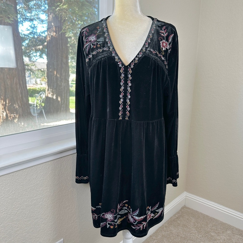 Black Velvet‎ Embroidered Tunic Dress Style & Co Womens XL Bell Sleeve Boho Goth